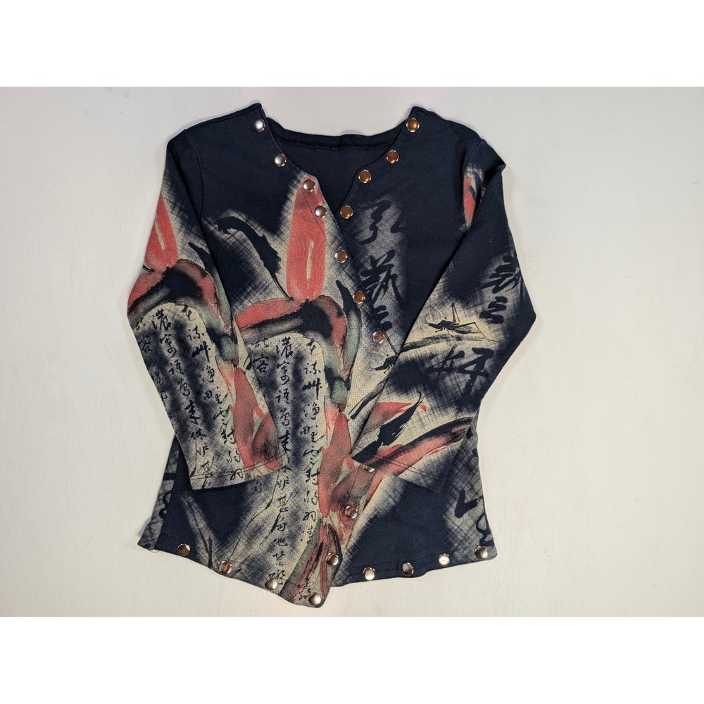 Vintage Asian Script Floral Snap Cardigan Studded Navy Blue Cotton Top USA Made
